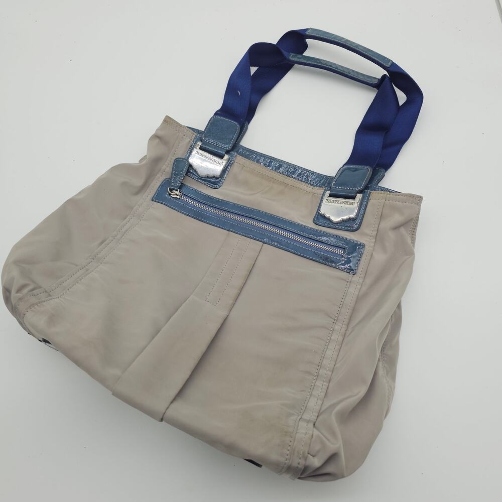 BRIGHTON GRAY NYLON & BLUE PATENT LEATHER HANDBAG LARGE SHOULDER BAG